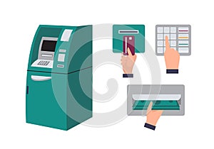 Automated teller machine and hand inserting credit card into ATM slot, entering pin code and taking banknotes or cash