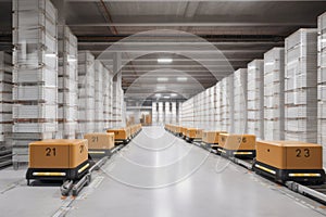 automated warehouse with AGVs moving autonomously to transfer boxes AI generated photo