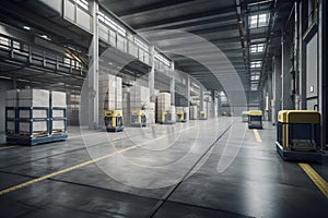 automated warehouse with AGVs moving autonomously to transfer boxes AI generated photo