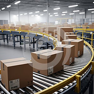 Automated warehouse conveyor belt system moving cardboard boxes for efficient logistics and shipping