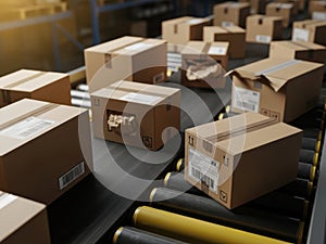 Automated warehouse conveyor with organized parcels isolated on white background