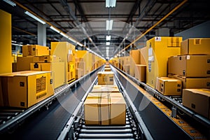 Automated warehouse fulfillment center with continuous flow of cardboard box packages