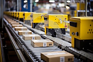 Automated warehouse fulfillment center with continuous flow of packages on conveyor belt