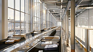 Automated warehouse interior with package sorting conveyor system during sunrise