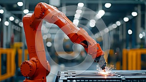 Automated welding process in modern factory with orange robotic arm photo