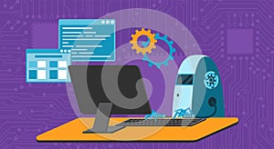 Automated work of software, business project development, robot using keyboard at table