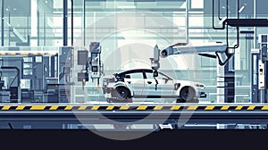 Automated workshop with robotic arm assembling car