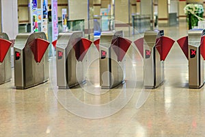 Automatic access control ticket barriers in subway station. View