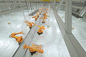 Automatic assembly line. Orange robot arm manipulator with empty conveyor belt. Technology concept, future. 3D rendering, 3D