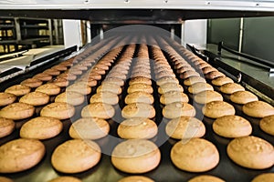 Automatic bakery production line with sweet cookies on conveyor belt equipment machinery in confectionary factory workshop