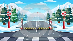 An automatic barrier at the entrance to a security parking lot. Modern illustration of an automobile park entrance with