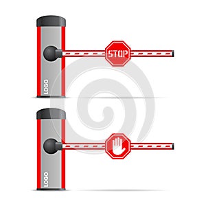 Automatic barrier with road signs. Stop and travel prohibited.