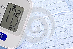 Automatic blood pressure meter on cardiogram graph background