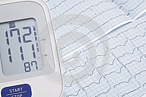 Automatic blood pressure meter on cardiogram graph background