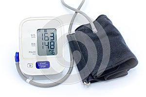 Automatic Blood pressure meter and Velcro cuff showing a high blood pressure or hypertension with systolic 163 and diastolic 148,