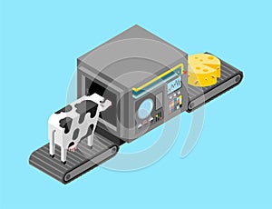 Automatic cheese production. Cow and cheese Production complex of technological equipment. Engineering vehicle isometric. Food