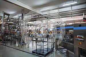 Automatic conveyor belt of production line of juice on beverage plant or factory, modern computerized industrial equipment