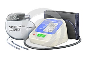 Automatic Digital Blood Pressure Monitor with artificial cardiac pacemaker. 3D rendering