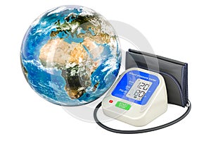 Automatic Digital Blood Pressure Monitor with Earth Globe. 3D rendering