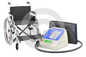 Automatic Digital Blood Pressure Monitor with manual wheelchair. 3D rendering