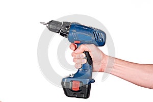 Hand holding screwdriver on white background