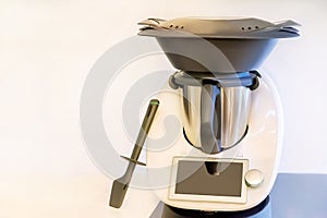 Automatic food processor (culinary robot) with touch screen and the varoma. Close up.