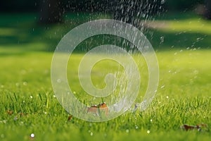 Automatic Garden Lawn sprinkler in action watering grass. Neural network AI generated