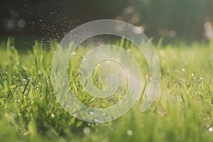 Automatic Garden Lawn sprinkler in action watering grass. Neural network AI generated