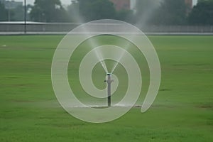 Automatic Garden Lawn sprinkler in action watering grass. Neural network AI generated