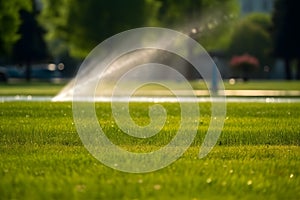 Automatic Garden Lawn sprinkler in action watering grass. Neural network AI generated