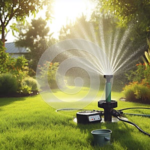 Automatic garden sprinkler system watering the lawn. Watering grass on summer day concept. ai generative