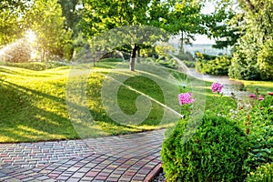 Automatic garden watering system with different sprinklers installed under turf. Landscape design with lawn hills and fruit garden