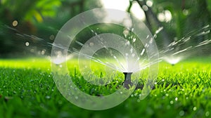 Automatic garden watering system with sprinklers on green lawn