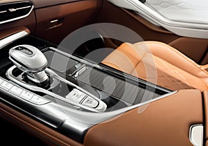 Automatic gear stick of a modern car. Modern car interior details. Close up view. Car inside. Automatic transmission lever shift.