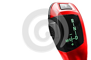 Automatic gear stick of a modern car isolated on white background. Modern car interior details. Close up view. Car detailing. Auto