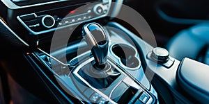 Automatic gear stick of a modern car. Modern car interior details. Close up view. Car detailing. Automatic transmission