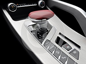 Automatic gear stick of a modern car. Modern car interior details. Close up view. Car inside. Automatic transmission lever shift.