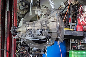 Automatic gearbox of a used car in an auto repair shop. The concept of car repair and car repair shop.