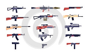 Automatic guns. Battle game weapons. Pistol, shotgun and launcher, rifles. Cartoon vector gun collection