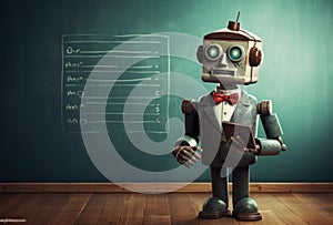 Automatic human-like robot standing in front of class with pupils and teaching them of robotics.