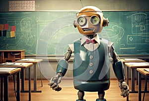 Automatic human-like robot standing in front of class with pupils and teaching them of robotics.