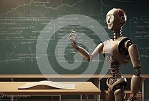 Automatic human-like robot standing in front of class with pupils and teaching them of robotics.