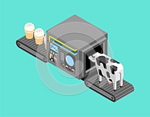 Automatic ice cream production. Cow and icecream Production complex of technological equipment. Engineering vehicle isometric.