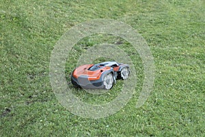 Automatic lawn mower in the process of working