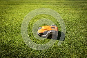 Automatic lawn mower robot moves on the green grass