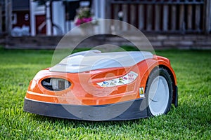 Automatic lawn robot mower moves on the grass, lawn. Close up side view with blurry background