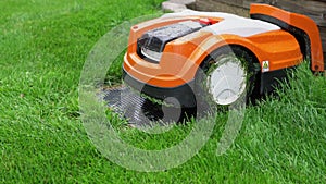 Automatic lawn robot mower under rain at charging stations on the grass, lawn. Close up side view with blurry background