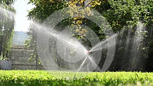 Automatic lawn sprinkler. Humidification of the grass in the dry summer period.