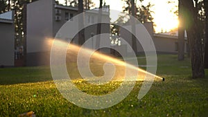 Automatic lawn sprinkler at sunset. Watering the lawn on the site.