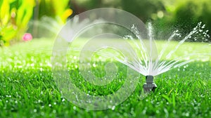 Automatic lawn sprinkler watering grass.